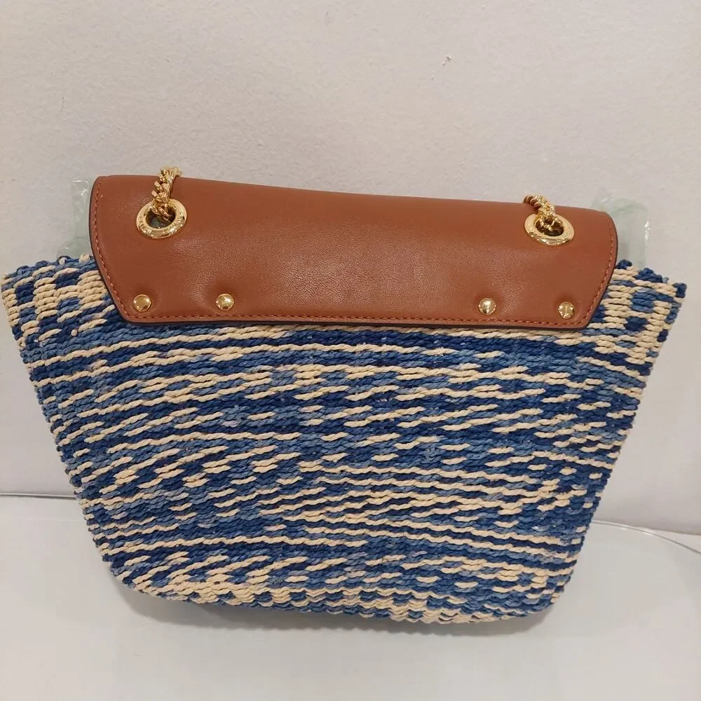 NEW Ralph Lauren Blue Striped Straw Brown Leather Golden Chain Shoulder Bag